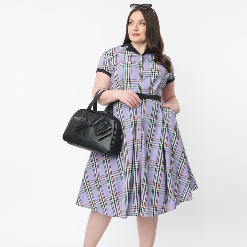 Unique Vintage Plus Size 1950s Lavender Plaid Alexis Swing Dress